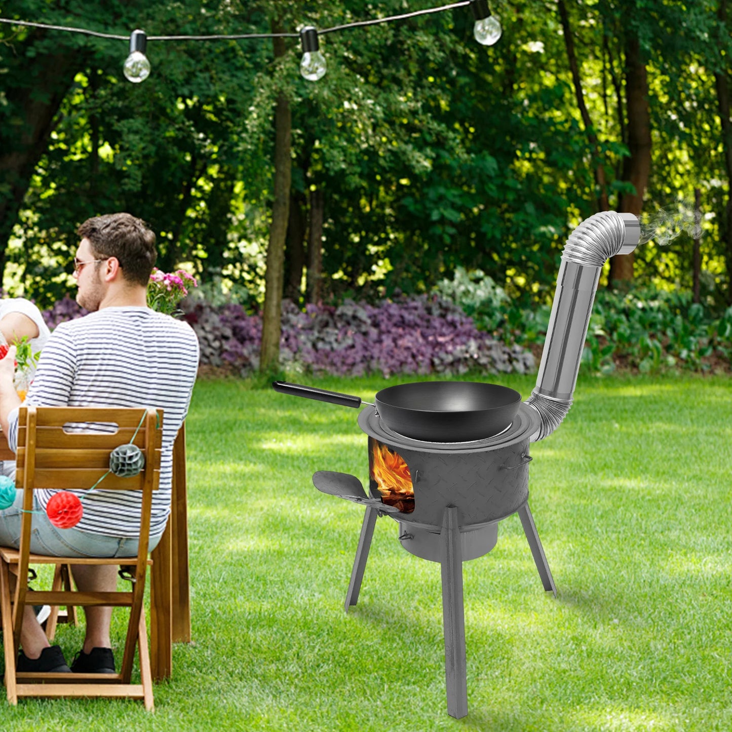 Portable Wood Burning Stove With Three Wok Rings For Outdoor Cooking