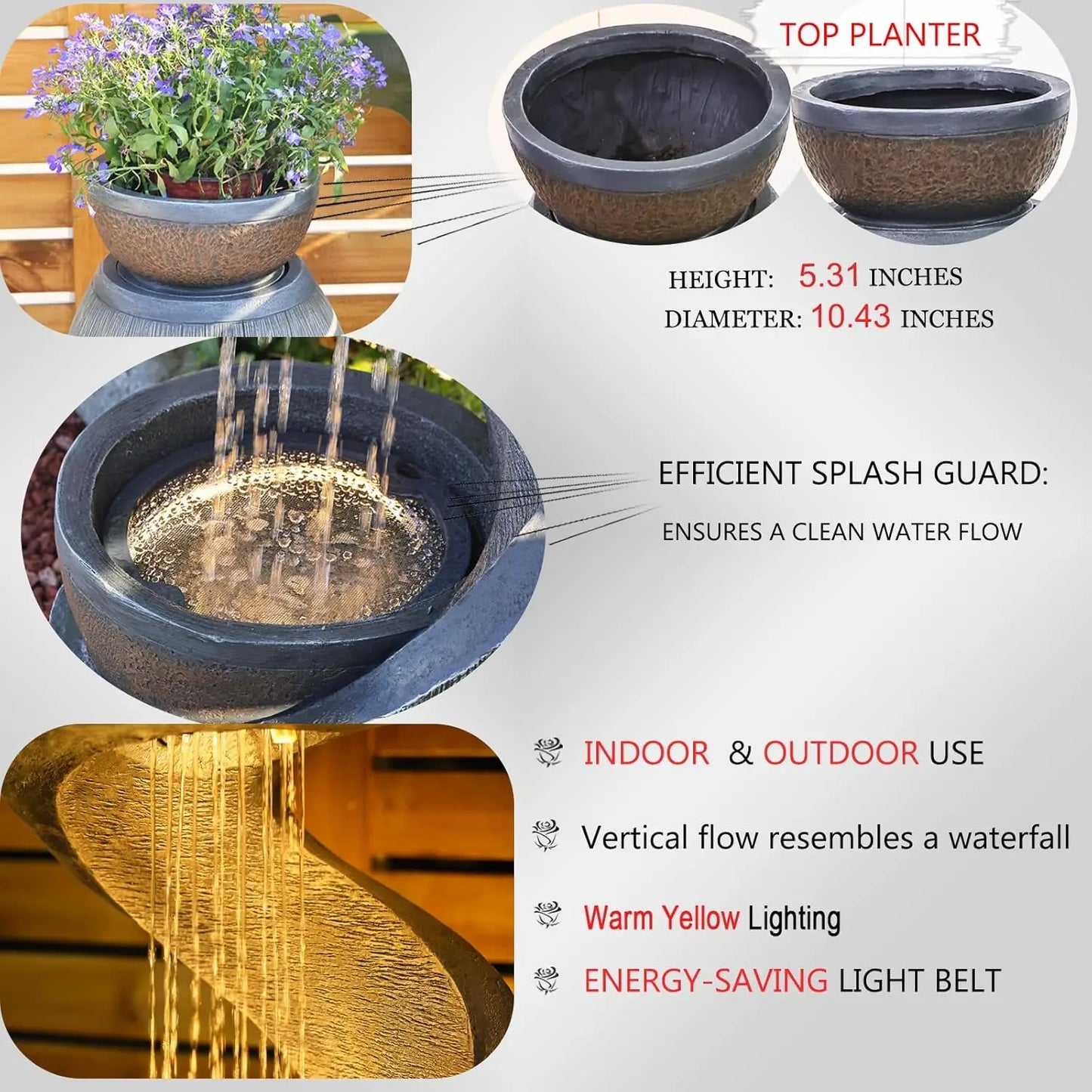 XMSJ Waterfall Fountain Outdoor Garden With Bowl Planter