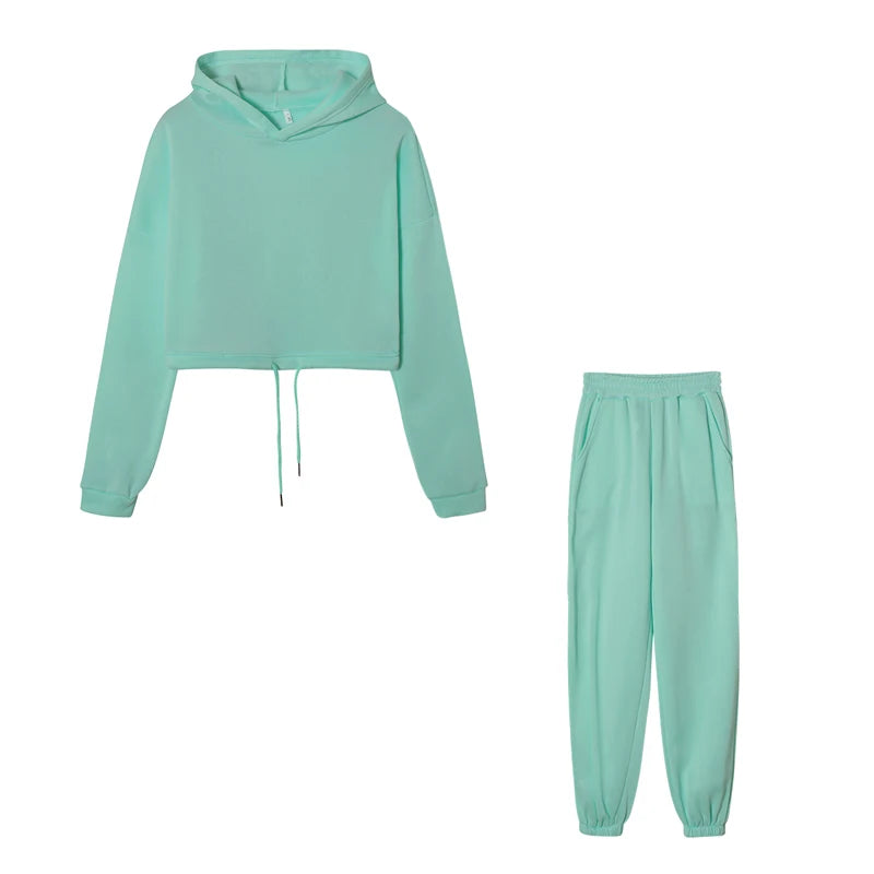 Womens Hooded Knit Tracksuit Set Two Piece Sportswear Casual