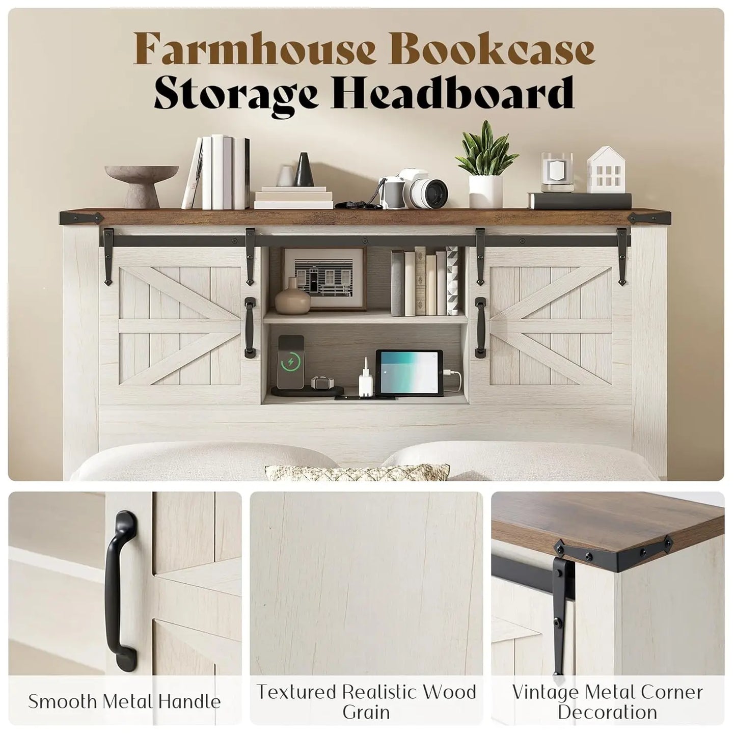 Rustic Wood Storage Bed Frame With Full Bookcase Headboard And Charging Station
