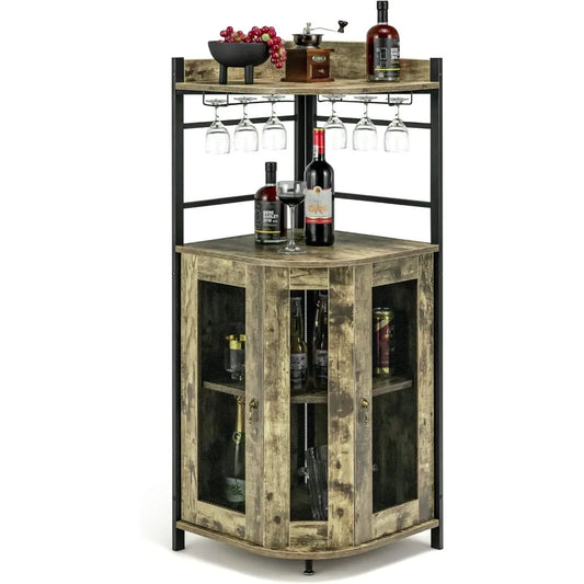 Corner Bar Cabinet With Glass Holder And Industrial Mesh Doors