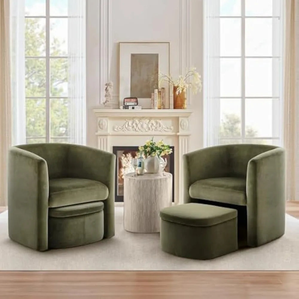 Upholstered Velvet Barrel Accent Chair With Storage Ottoman