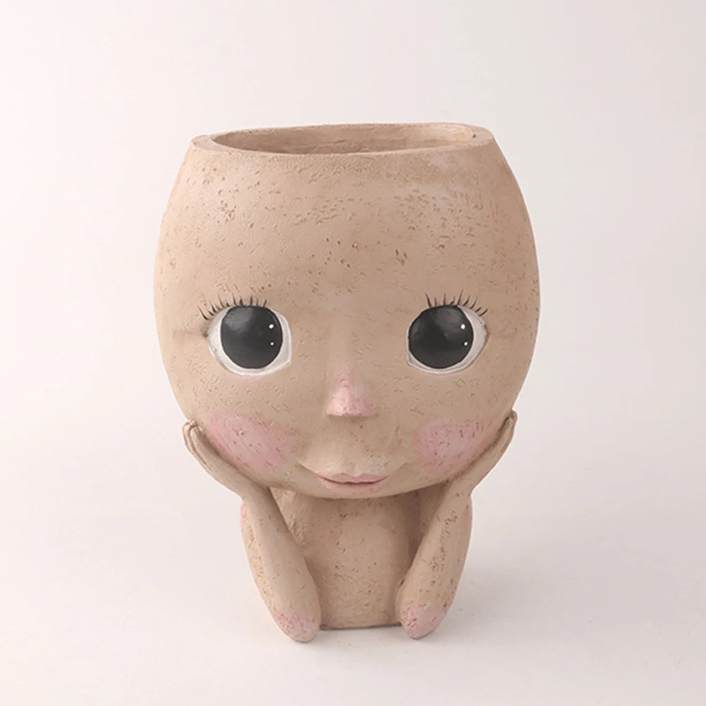 Flower Pot Girl Face Head Figurine Decor For Garden Pots