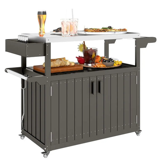 Outdoor Bar Cart Storage Cabinet Stainless Steel Top On Wheels