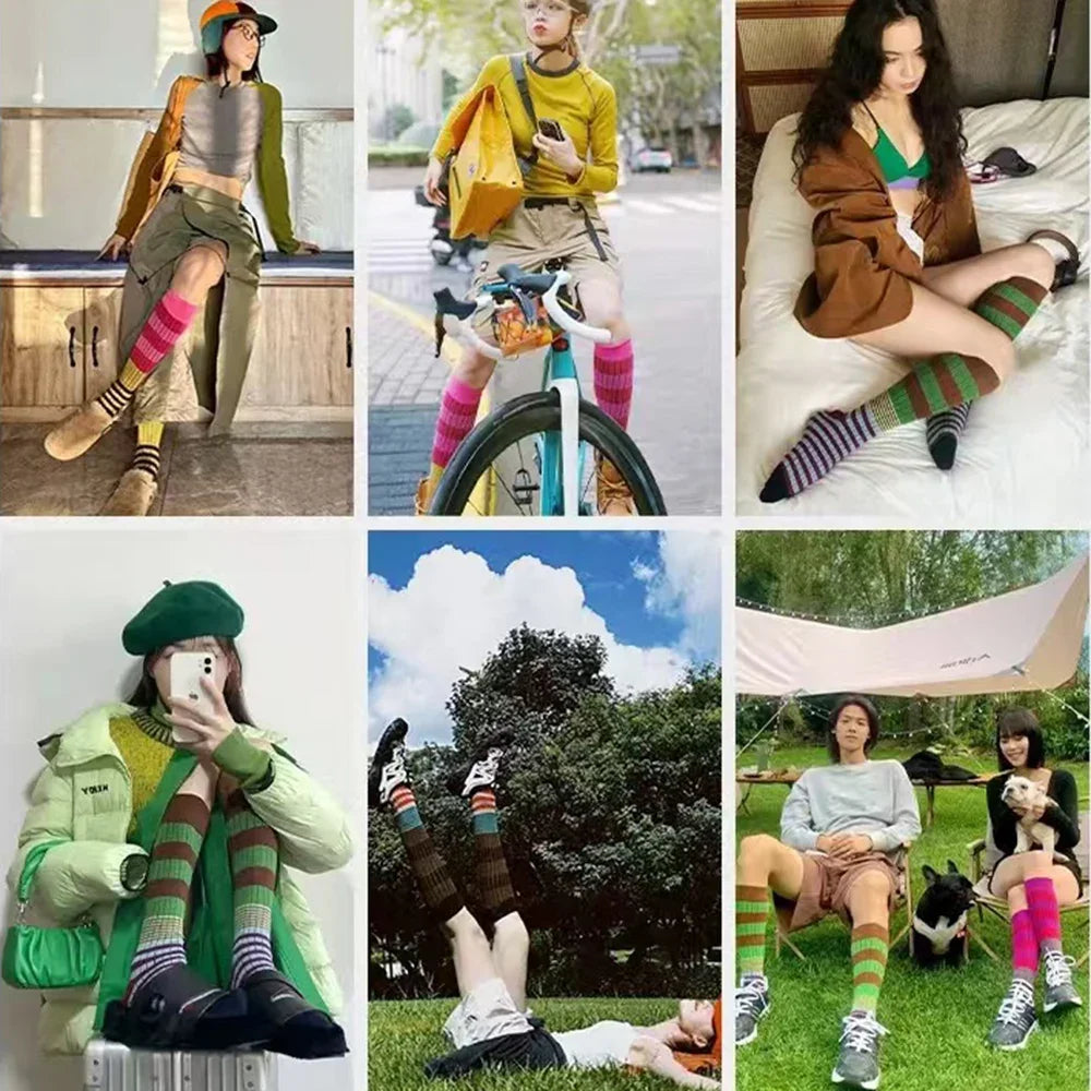 NONECN Gradient Striped Calf Socks Women Cotton High Tube