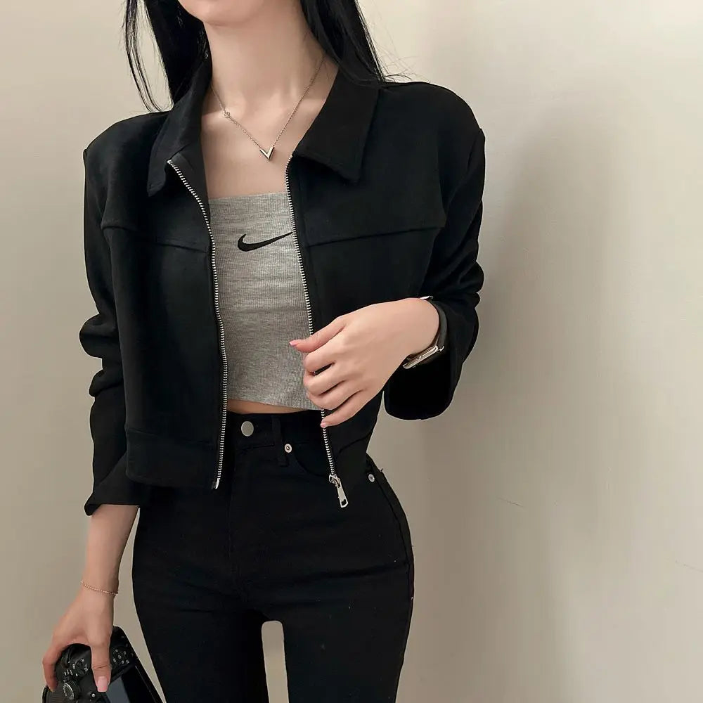 Autumn Women Zipper Jacket Lapel Long Sleeve Casual Outerwear