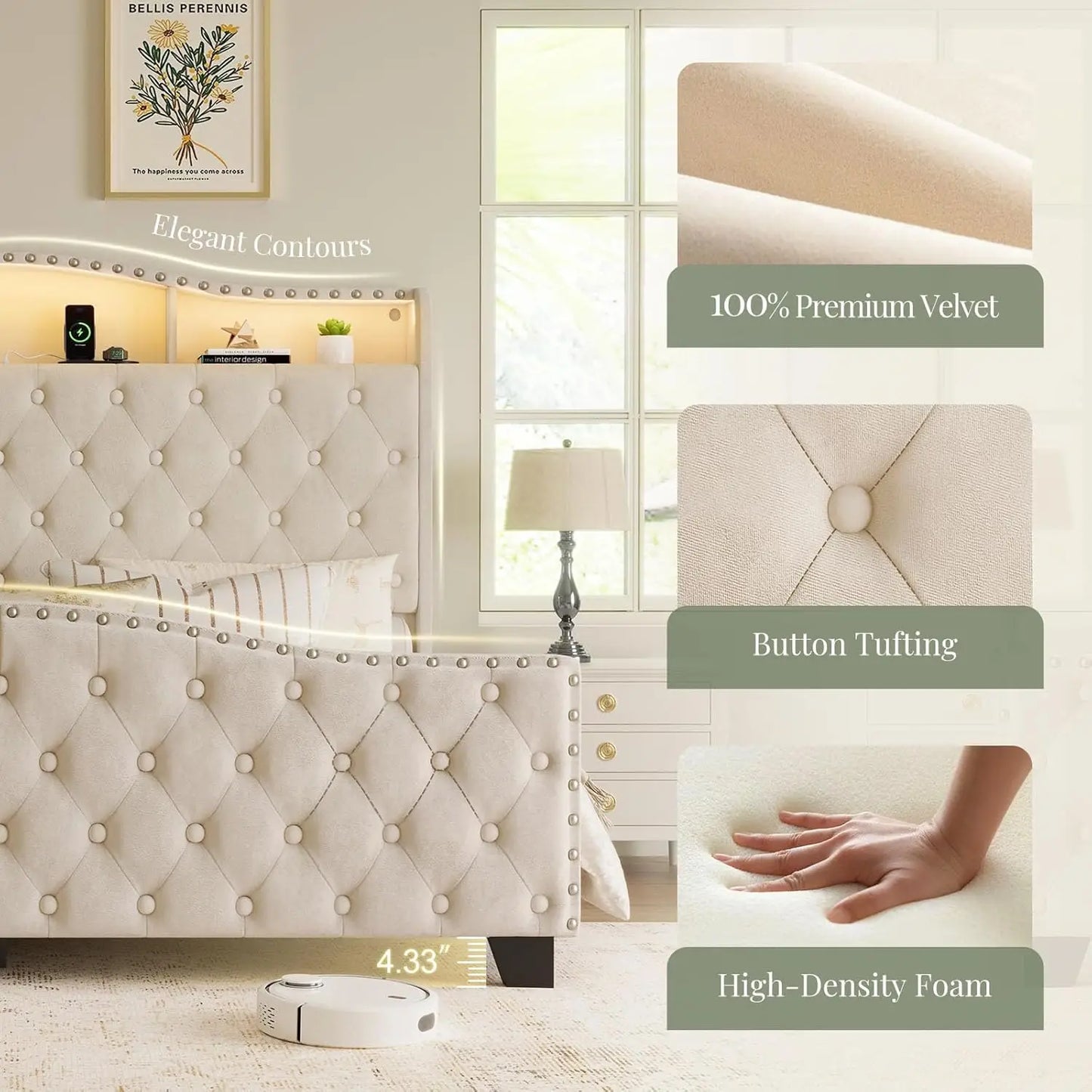 Velvet Wingback Bed Frame Tufted Footboard Squeak Resistant