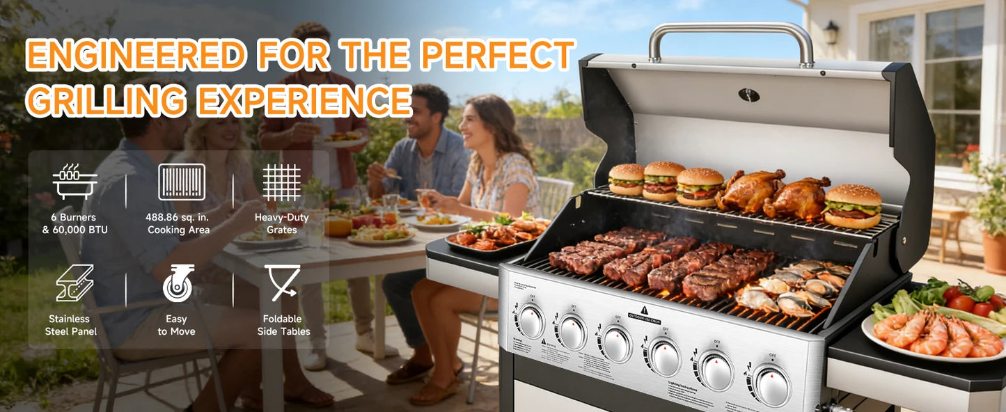 Six Burner Propane Gas Grill With Cabinet And Warming Rack
