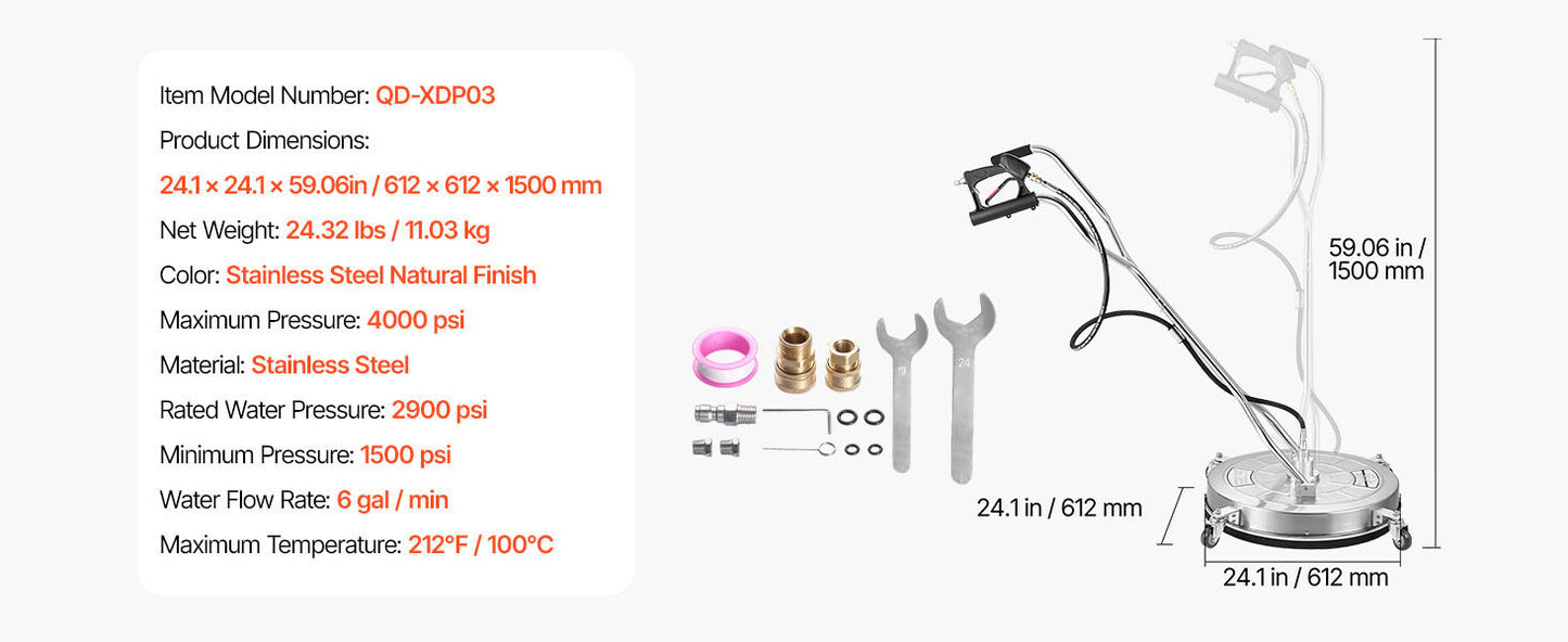 VEVOR Pressure Washer Surface Cleaner PE Stainless Steel Attachments 4 Wheels