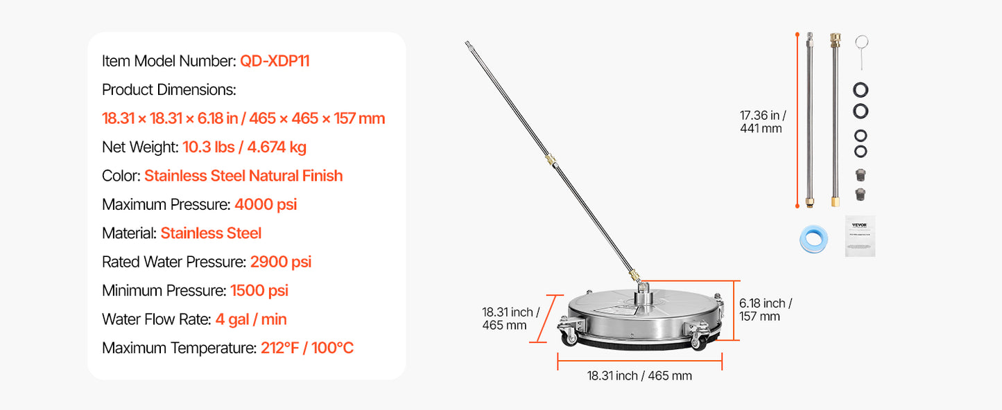 VEVOR Pressure Washer Surface Cleaner PE Stainless Steel Attachments 4 Wheels