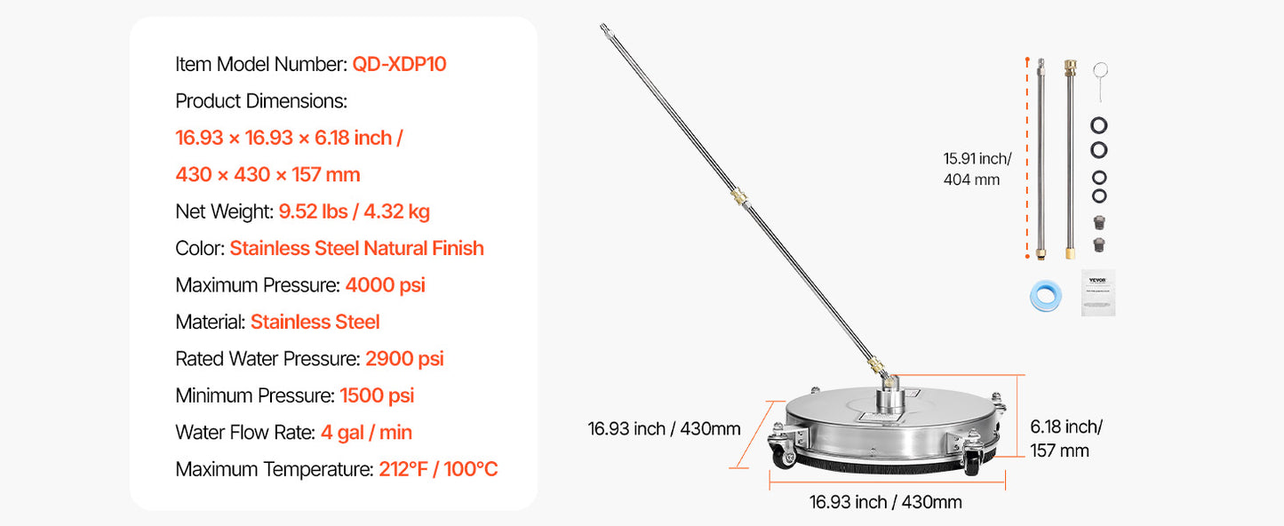VEVOR Pressure Washer Surface Cleaner PE Stainless Steel Attachments 4 Wheels