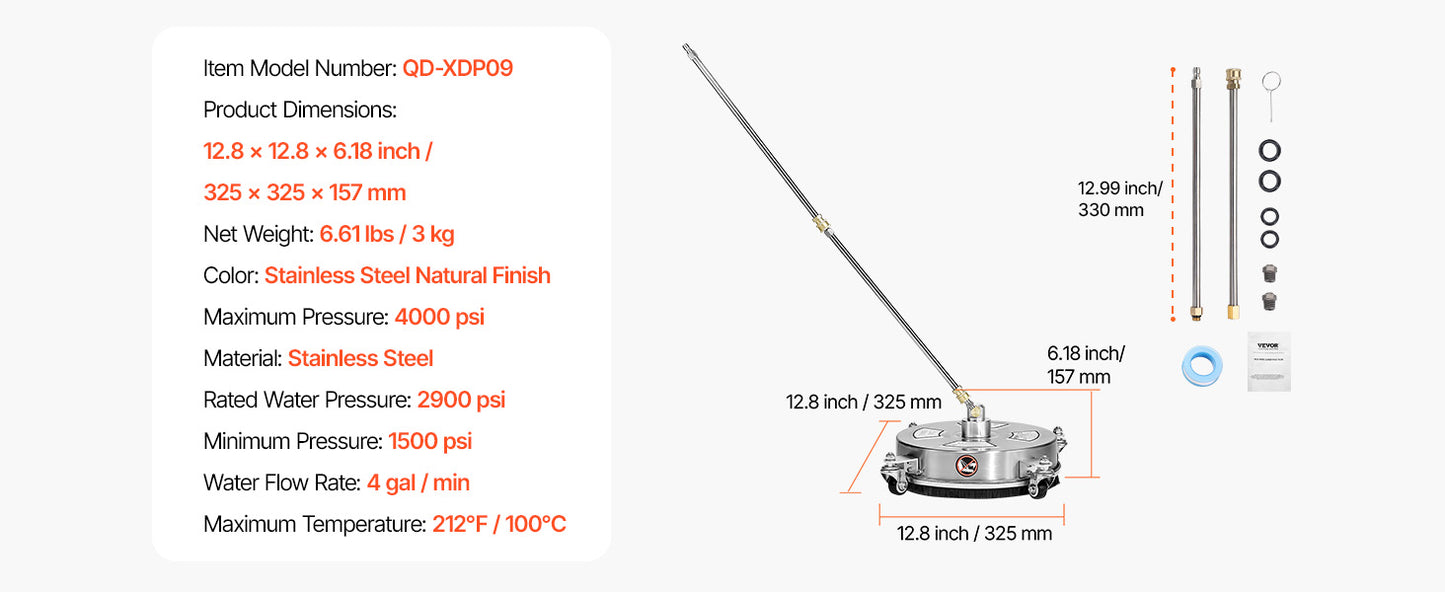 VEVOR Pressure Washer Surface Cleaner PE Stainless Steel Attachments 4 Wheels