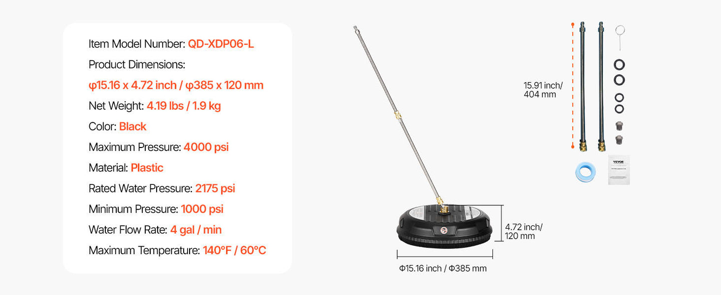 VEVOR Pressure Washer Surface Cleaner PE Stainless Steel Attachments 4 Wheels