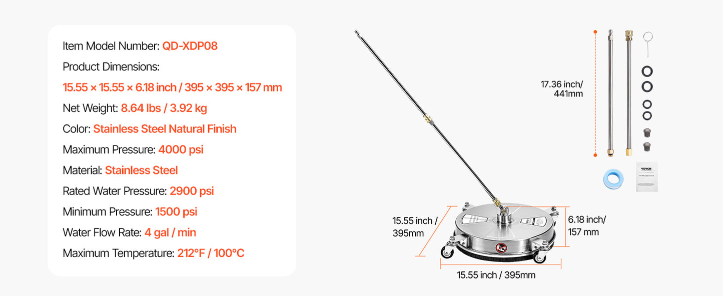 VEVOR Pressure Washer Surface Cleaner PE Stainless Steel Attachments 4 Wheels