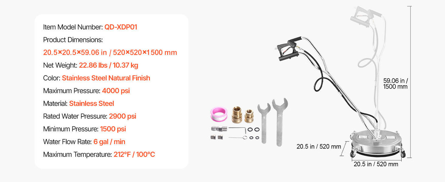 VEVOR Pressure Washer Surface Cleaner PE Stainless Steel Attachments 4 Wheels